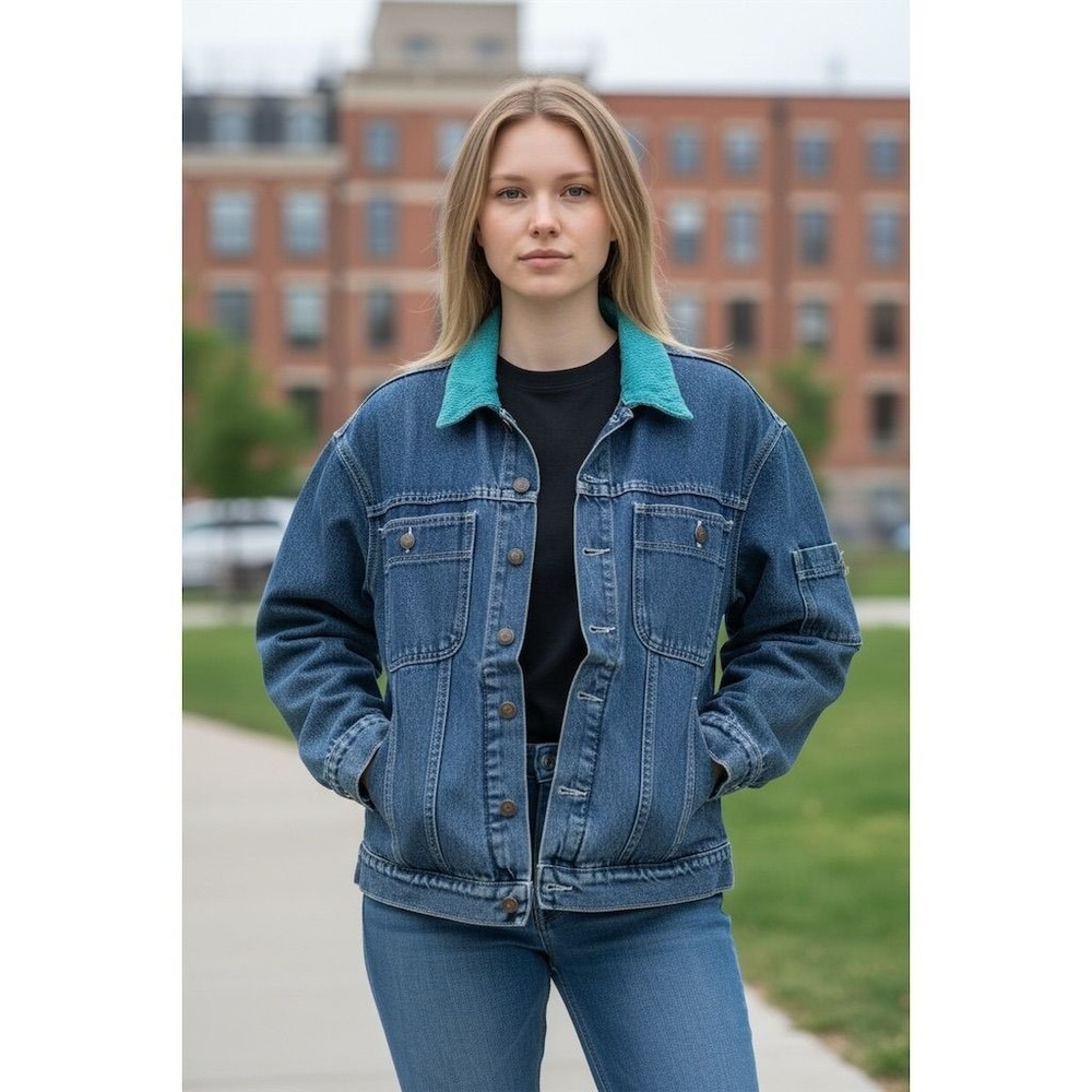Forenza Womens L Vtg Denim chore barn Jacket Teal Collar Retro trucker carpenter